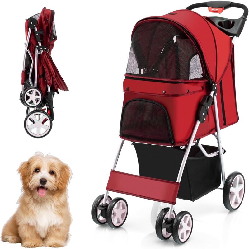 foto del prodotto costway passeggino pieghevole per animali domestici, passeggino a 4 ruote per cani con finestra a rete porta bicchiere e cesto, carrozzina portatile