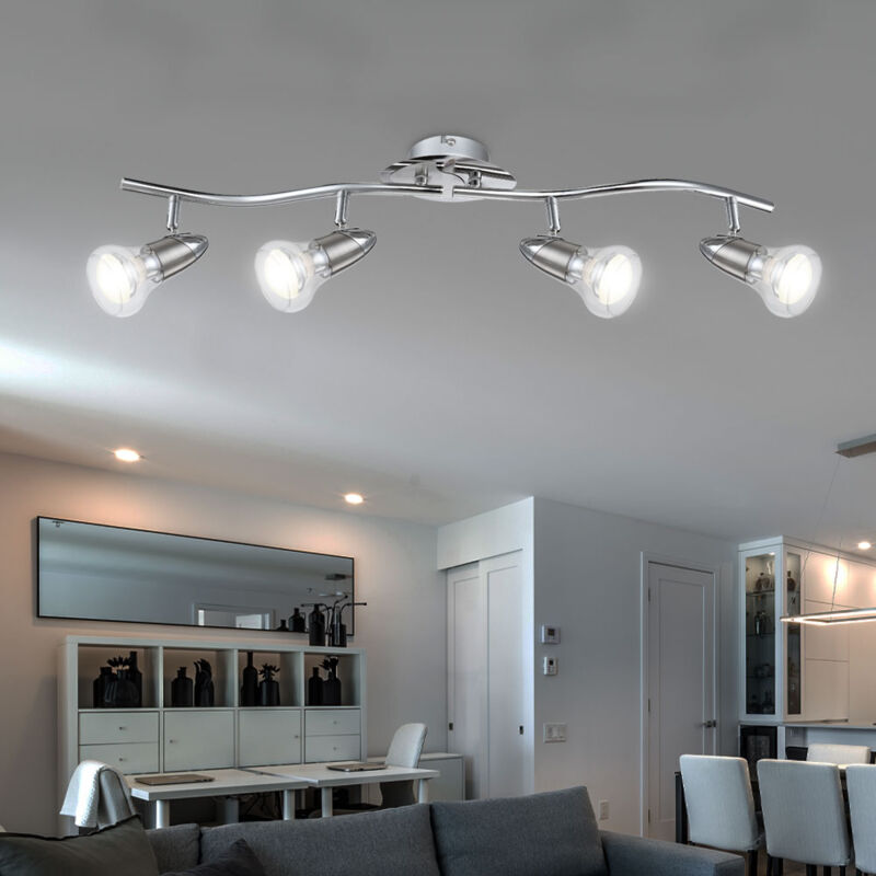 foto del prodotto plafoniera plafoniera spot strip luce soggiorno, 4 luci spot mobili, cromo nichel vetro opaco satinato, led 4w 250lm bianco caldo, 70x23x17cm
