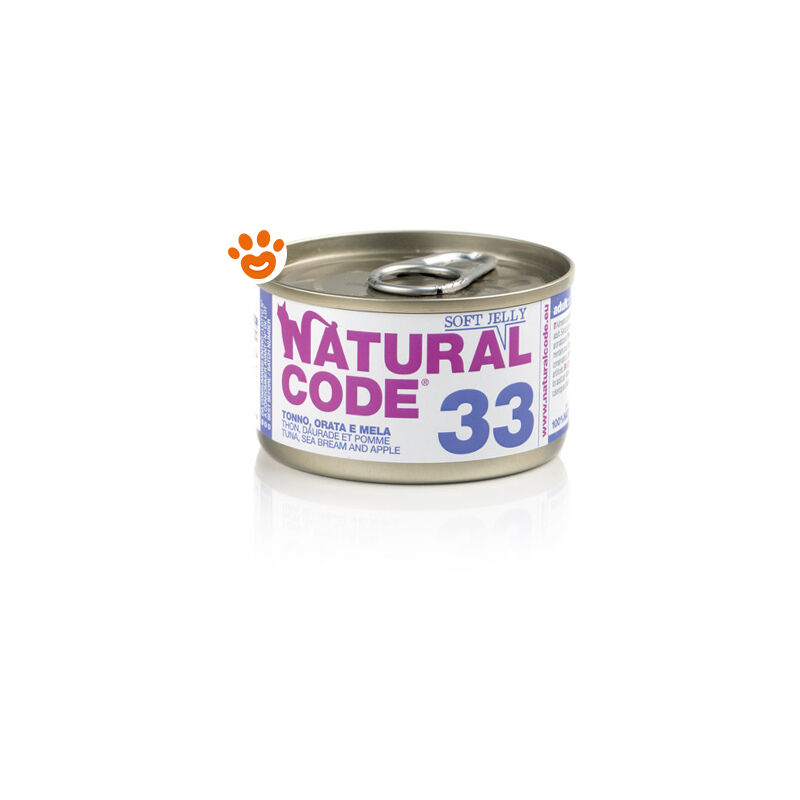 foto del prodotto 33 cat adult al tonno e orata e mela in jelly 33 cat adult al tonno e orata e mela in jelly lattina da 85 gr natural code