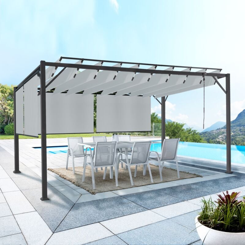 foto del prodotto pergola in edizione lusso con lamelle orientabili 3x4 m e 4 tende da sole grigio chiaro