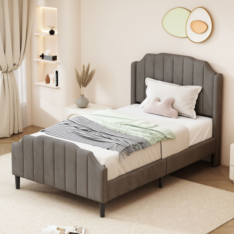 foto del prodotto letti singoli 90x200cm letti per bambini adulti con testiera, velluto, senza materasso, grigio