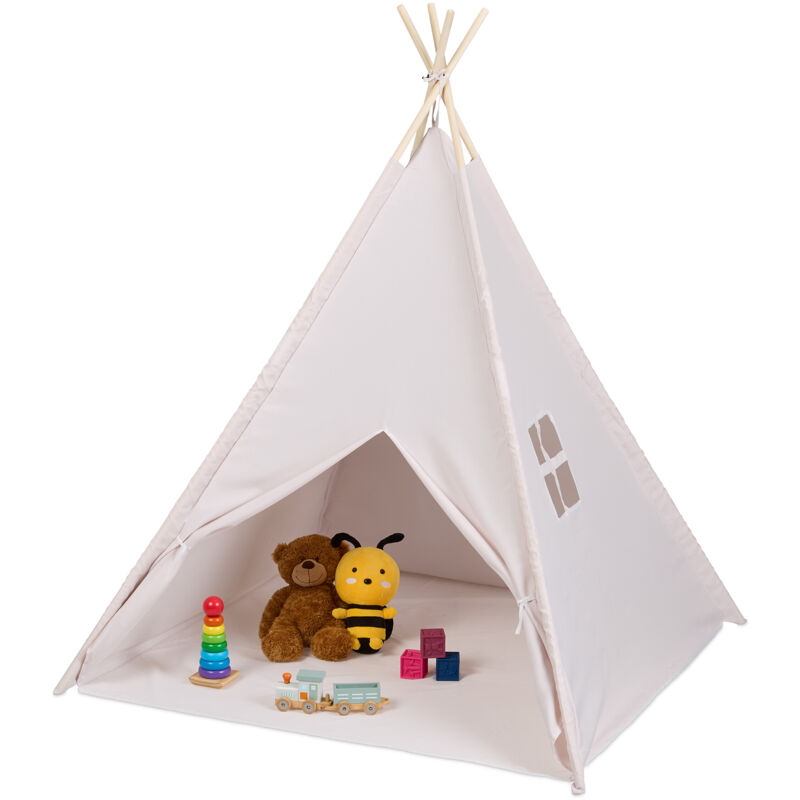 foto del prodotto tenda per bambini, capanna indiana da gioco con tappetino, giocattolo interni e esterni, 158x125x125 cm, beige relaxdays