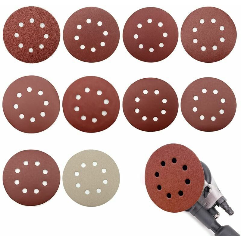 foto del prodotto 100 dischi abrasivi, dischi abrasivi da 125 mm, grana 80 180 240 400 800 1000 1200 1500 2000 3000, per levigatrici orbitali casuali, ideali per