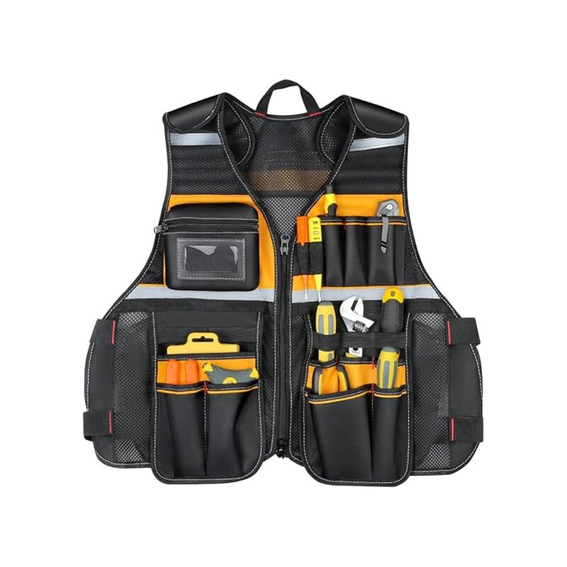 foto del prodotto gilet da lavoro multitasche in tessuto oxford solido, gilet riflettente, gilet portautensili per elettricisti, carpentieri, 62 x 60 x 3 cm,