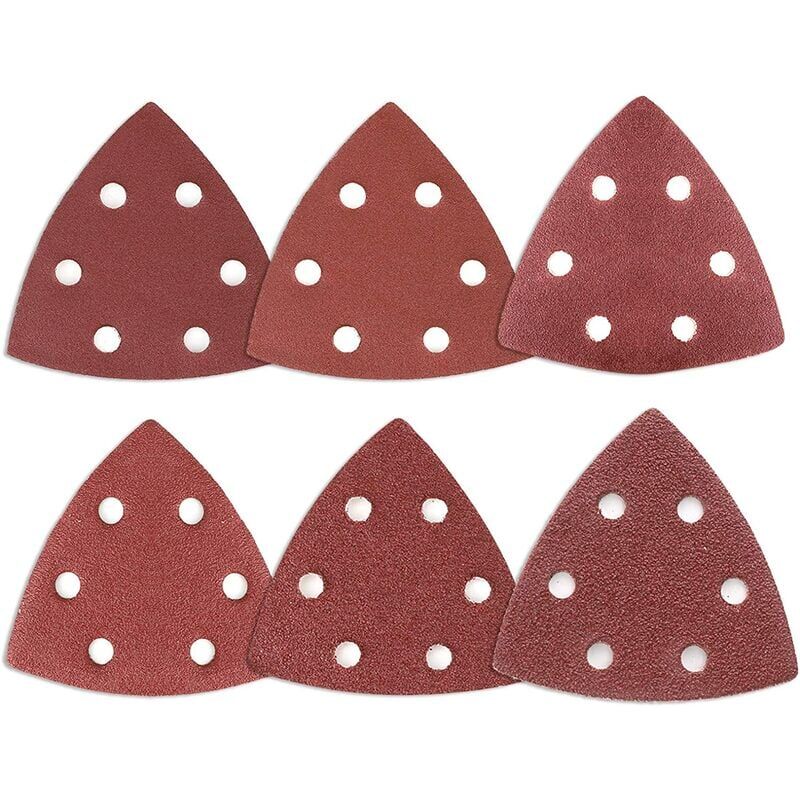 foto del prodotto triangoli abrasivi delta, 120 pezzi 6 fori triangoli abrasivi delta mixpack 20 x grana 40 60 80 120 180 180 240 ciascuno , carta vetrata 90x90x90mm