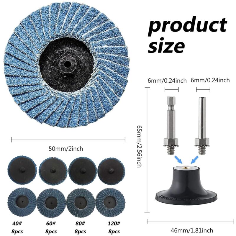 foto del prodotto 35 pezzi 2 pollici 50 mm disco lamellare per smerigliatrice angolare e supporto per disco abrasivo 40 60 80 120 grane, dischi abrasivi, dischi