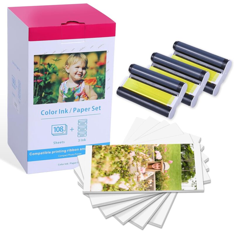 foto del prodotto carta fotografica e cartuccia di ricambio per canon selphy cp1300, per canon selphy cp1500 cp1200 cp1000 cp910, compatibile kp 108in 3115b001 aa , 3