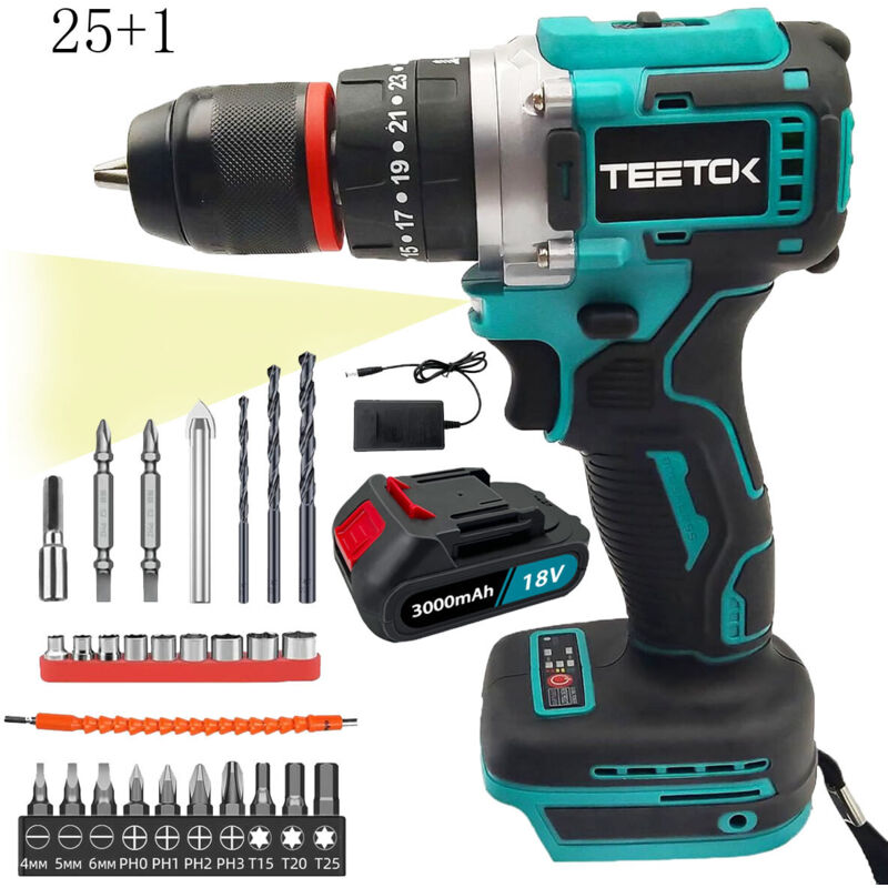 foto del prodotto teetok drill, scopa, driver del martello da martello da martello trapano 25 1 con pezzi di perforazione batteria da 3000 mah caricabatterie,
