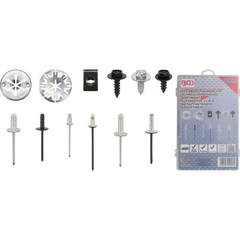 foto del prodotto bgs technic assortimento clip di fissaggio veicoli audi, vw, toyota, mercedes benz, bmw 400 pz.