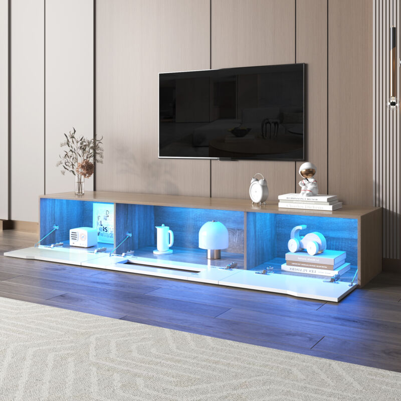 foto del prodotto mobile tv led 180x35x30cm con 3 ante, adatto per tv da 60 pollici, pannello truciolare, colore bianco e naturale