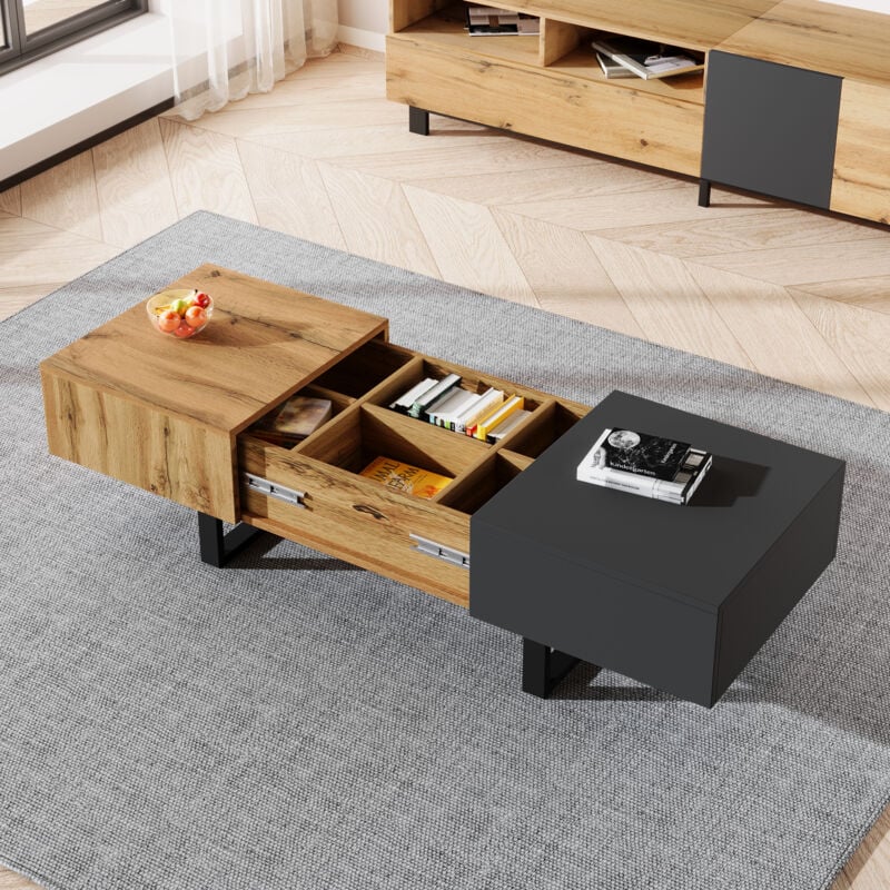 foto del prodotto tavoli allungabili 155x55x40cm tavolino salotto con vani contenitori, gambe in metallo, soggiorno ufficio, truciolare, nero naturale