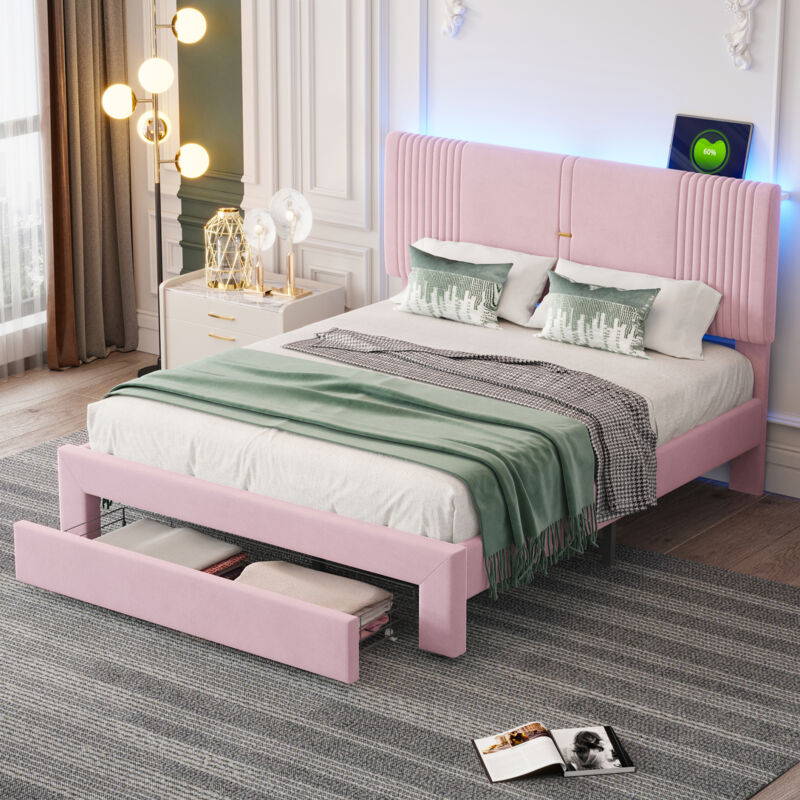 foto del prodotto letto per adulti 160x200 cm, letto matrimoniale con cassetti, barra luminosa e presa usb, velluto, senza materasso, rosa