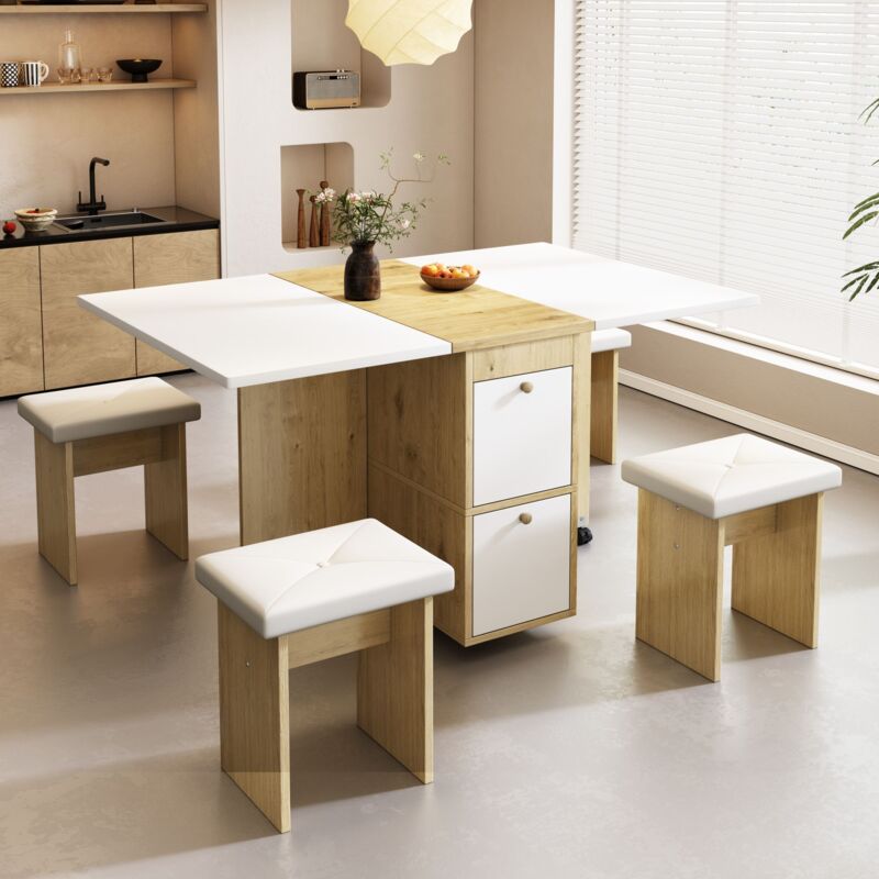foto del prodotto set tavolo e sedie 1 tavolo 120x80x75cm 4 sedie , tavolo da pranzo pieghevole e multifunzionale, truciolato, bianco e naturale