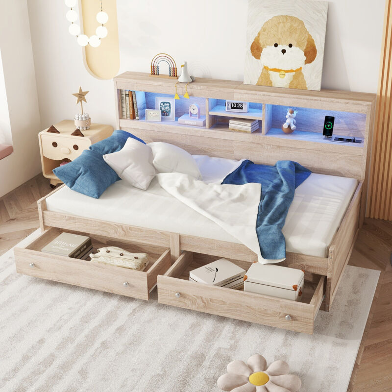 foto del prodotto divano letto 90x200 cm, letto adulto bambino con 2 prese usb e 2 prese di ricarica, led, 2 cassetti, senza materasso, naturale