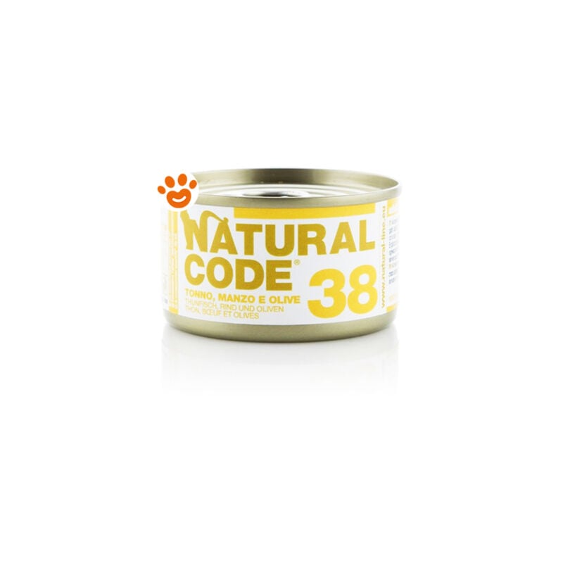 foto del prodotto natural code 38 cat adult al tonno, manzo e olive natural code 38 cat adult al tonno, manzo e olive lattina da 85 gr