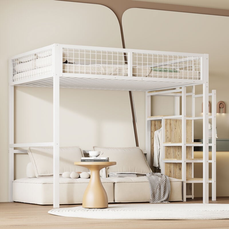 foto del prodotto letti a soppalco 140x200cm letti singoli adulti bambini con armadio aperto, metallo, senza materasso, bianco