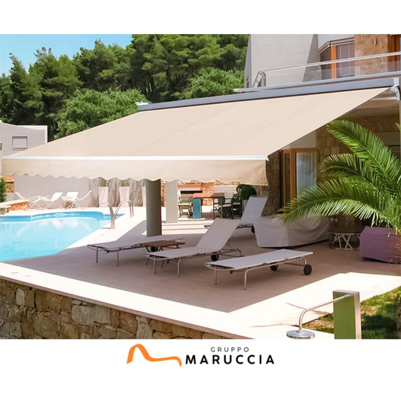 foto del prodotto tenda da sole estensibile 250 x 200 centimetri tenda parasole barra quadra tenda da sole con manovella colore beige rigato