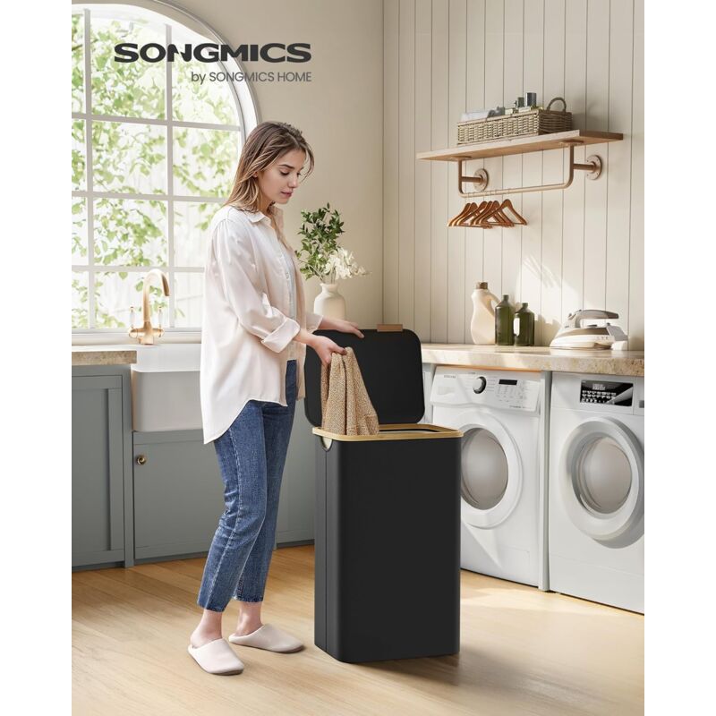 foto del prodotto songmics cesto portabiancheria con coperchio, cesta per bucato, 90l, salvaspazio, sacco rimovibile, tessuto oxford, manici di bamb , pieghevole, 42