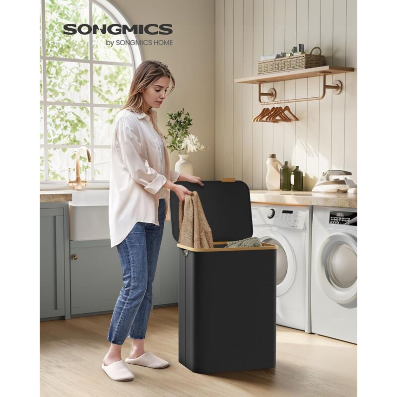 foto del prodotto songmics cesto portabiancheria con coperchio a 2 scomparti, cesta per bucato, 130l, sacco rimovibile, tessuto oxford, manici di bamb , pieghevole,