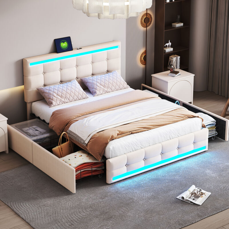 foto del prodotto letti per adulti 140x200cm letti matrimoniale, letti per adulti, led e 2 usb, lino, senza materasso, 4 cassetti, beige