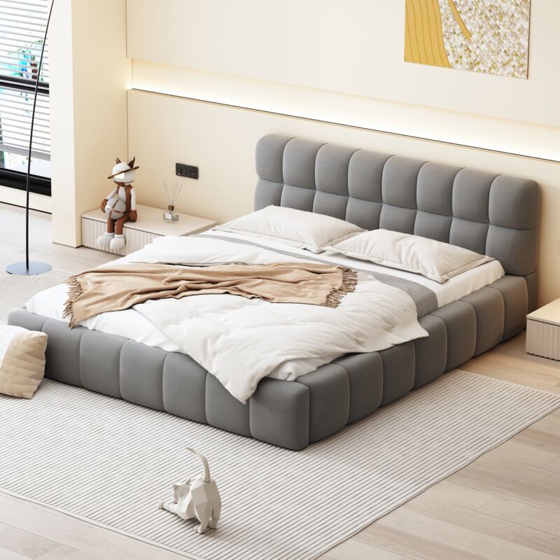 foto del prodotto letto per adulti 140x200cm con schienale morbido, giroletto, rete a doghe, testiera, letto per adulti in stile scandinavo grigio
