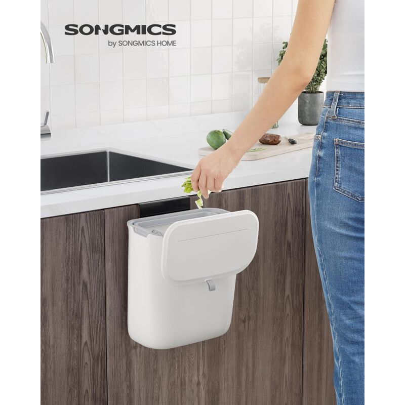 foto del prodotto songmics pattumiera da appendere, cestino da cucina 9l con coperchio per rifiuti alimentari, cestino da parete, da attaccare all anta armadio, per
