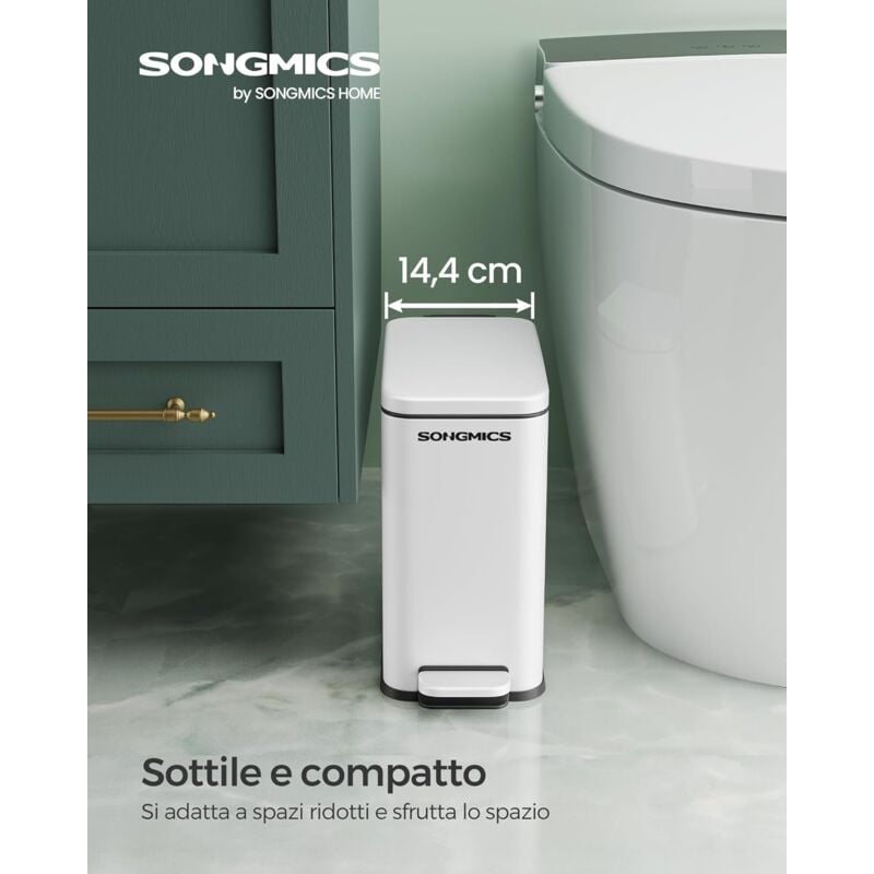 foto del prodotto songmics cestino da bagno, pattumiera compatta da 5 litri con coperchio, pattumiera a pedale, sottile per piccoli spazi, acciaio, chiusura
