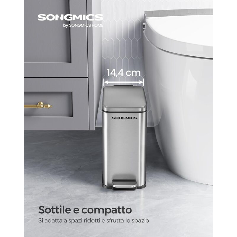 foto del prodotto songmics cestino da bagno, pattumiera compatta da 5 litri con coperchio, pattumiera a pedale, sottile per piccoli spazi, acciaio, chiusura