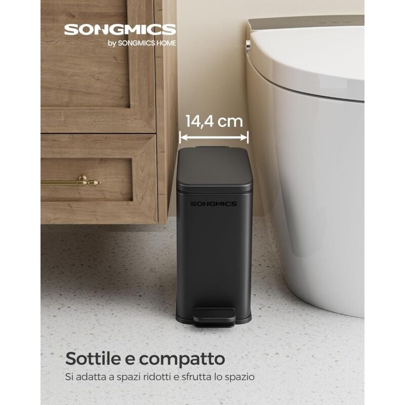 foto del prodotto songmics cestino da bagno, pattumiera compatta da 5 litri con coperchio, pattumiera a pedale, sottile per piccoli spazi, acciaio, chiusura