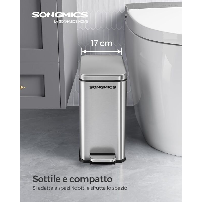 foto del prodotto songmics cestino da bagno, pattumiera compatta da 10 litri con coperchio, pattumiera a pedale, sottile per piccoli spazi, acciaio, chiusura