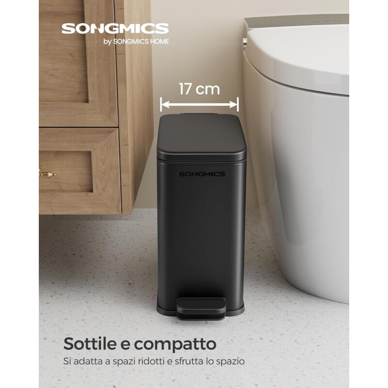foto del prodotto songmics cestino da bagno, pattumiera compatta da 10 litri con coperchio, pattumiera a pedale, sottile per piccoli spazi, acciaio, chiusura