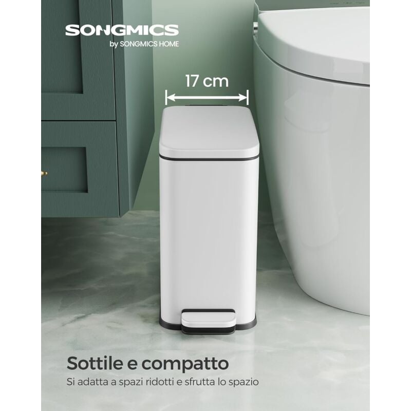 foto del prodotto songmics cestino da bagno, pattumiera compatta da 10 litri con coperchio, pattumiera a pedale, sottile per piccoli spazi, acciaio, chiusura