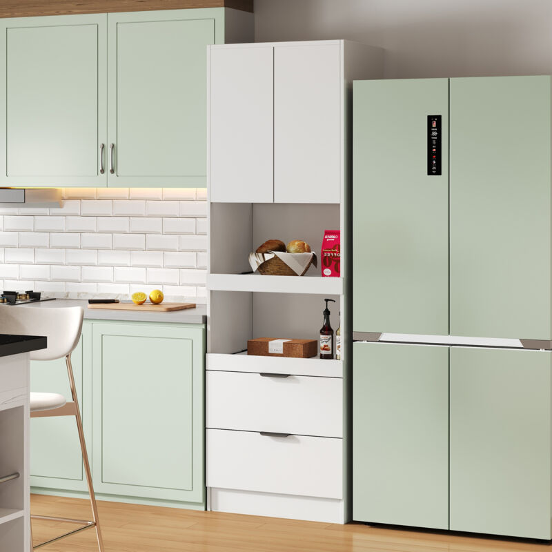 foto del prodotto okwish mobili da cucina alti 200 cm, mobili contenitori, ante, cassetti, ripiani per microonde, pensili con protezione antiribaltamento, credenze,