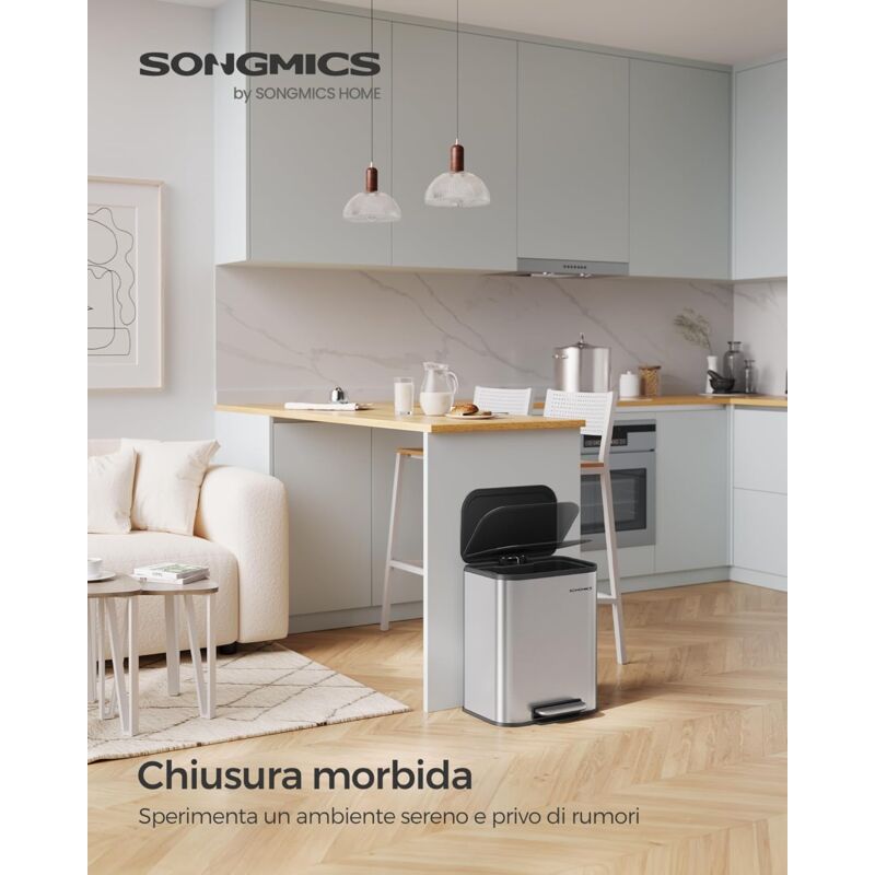 foto del prodotto songmics pattumiera da cucina, cestino a pedale da 20l, pattumiera in acciaio, coperchio a chiusura morbida, rimane aperto, secchio interno, ampio