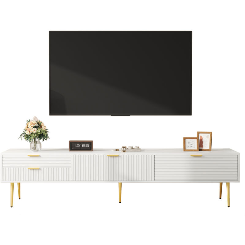 foto del prodotto elegante mobile tv, mobile basso. con cassetti e ante, mobili per il soggiorno. design moderno. manici e piedini dorati.