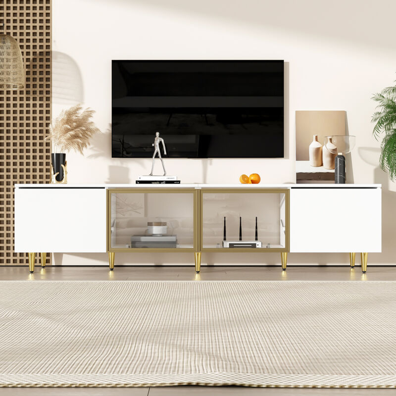 foto del prodotto mobile tv 170 cm stile minimalista bianco, autoportante e da parete, 4 ante 2 ante in vetro , versatile montabile, perfetto per il soggiorno