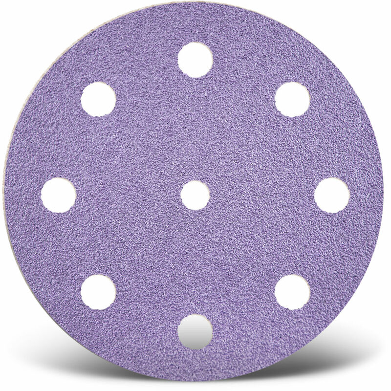 foto del prodotto menzer purple hd dischi abrasivi velcrati, 125 mm, 9 fori, p. levigatrici rotorbitali, miscela di ceramica 50 pz. g120