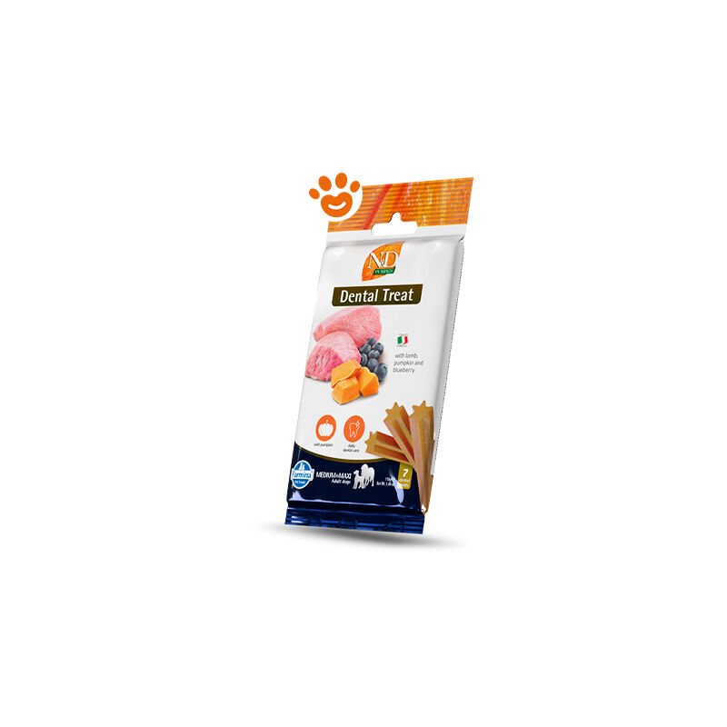 foto del prodotto dog snack dental treat n d pumpkin agnello medium maxi dog snack dental treat n d pumpkin agnello medium maxi confezione da 100 gr farmina