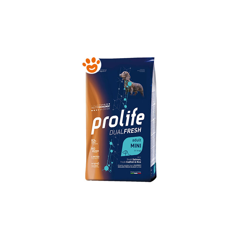 foto del prodotto dog dualfresh adult mini salmone, merluzzo e riso dog dualfresh adult mini salmone, merluzzo e riso sacco da 600 gr, sacco da 600 gr prolife