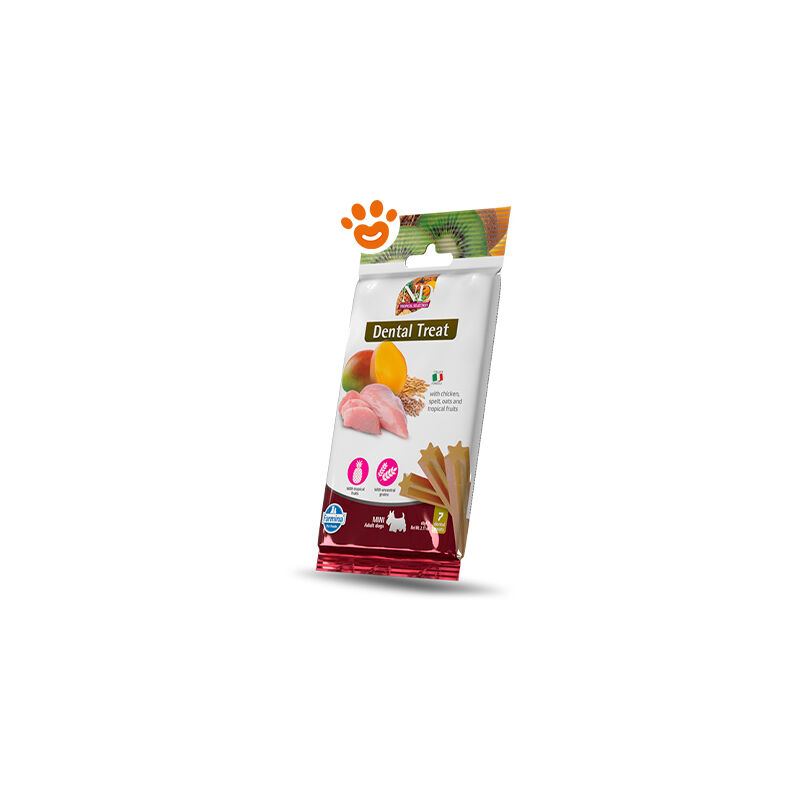 foto del prodotto dog snack dental treat n d tropical pollo mini dog snack dental treat n d tropical pollo mini confezione da 60 gr farmina