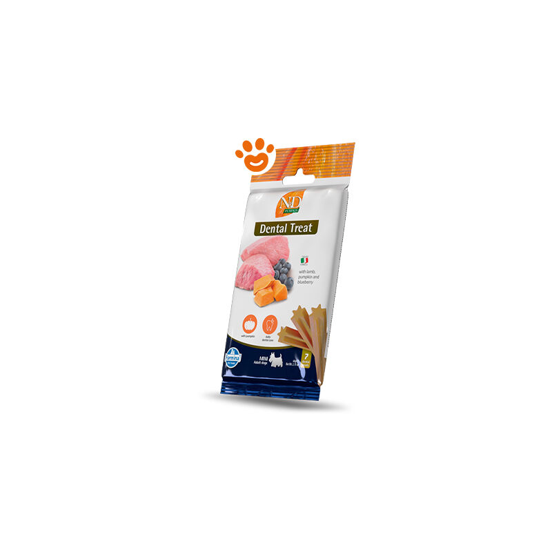 foto del prodotto dog snack dental treat n d pumpkin agnello mini dog snack dental treat n d pumpkin agnello mini confezione da 60 gr farmina
