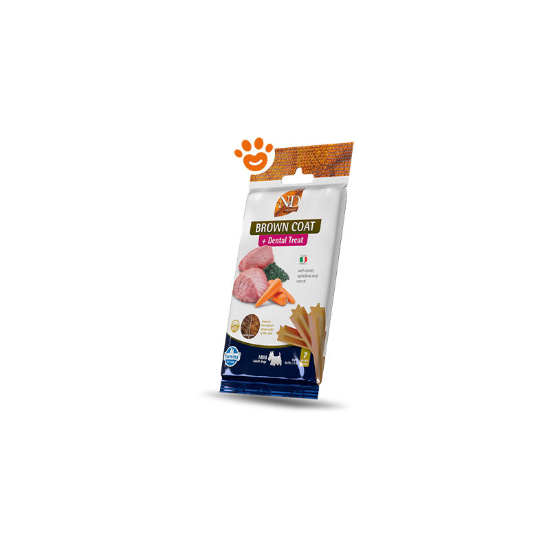 foto del prodotto dog snack dental treat n d brown coat agnello mini dog snack dental treat n d brown coat agnello mini confezione da 60 gr farmina