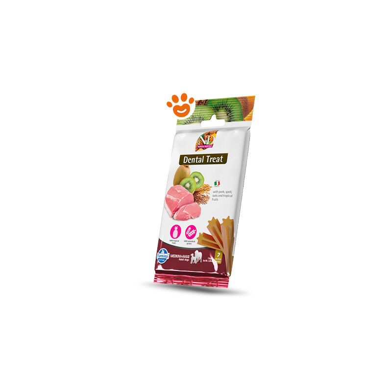 foto del prodotto dog snack dental treat n d tropical maiale medium maxi dog snack dental treat n d tropical maiale medium maxi confezione da 100 gr farmina