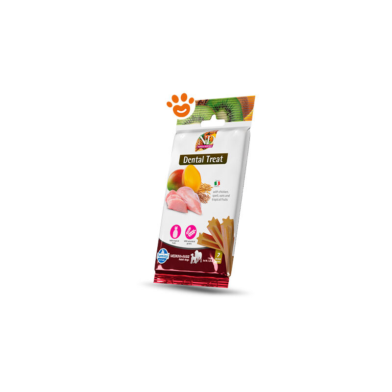 foto del prodotto dog snack dental treat n d tropical pollo medium maxi dog snack dental treat n d tropical pollo medium maxi confezione da 100 gr farmina