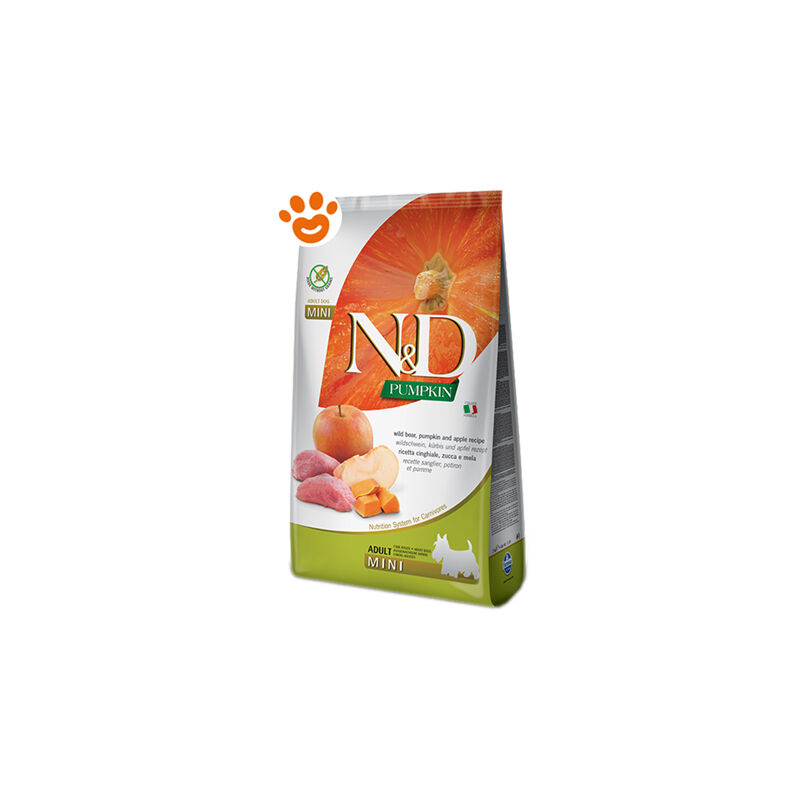 foto del prodotto dog n d pumpkin adult mini cinghiale, zucca e mela dog n d pumpkin adult mini cinghiale, zucca e mela sacco da 7 kg farmina