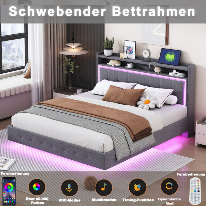 foto del prodotto letti per adulti imbottito, presa usb, illuminazione a led, letto matrimoniale, lino, grigio, senza materasso, 140x200cm