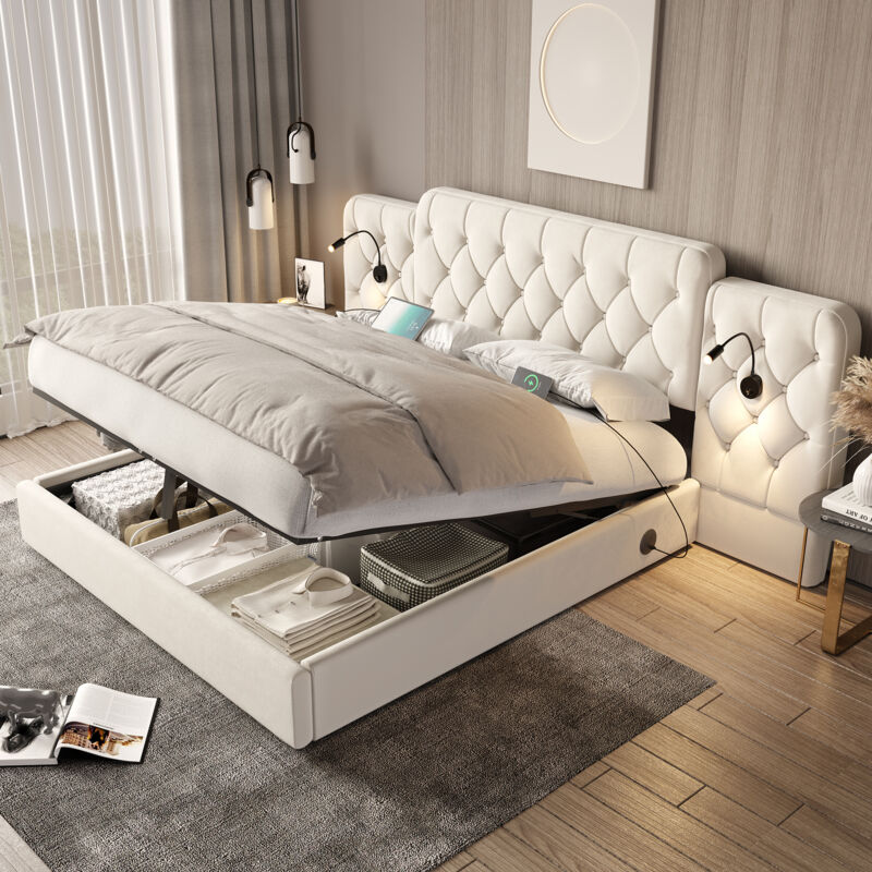 foto del prodotto letti contenitori 180x200cm letti matrimoniali per adulti con luce di lettura, idraulico, usb, senza materasso, velluto, beige
