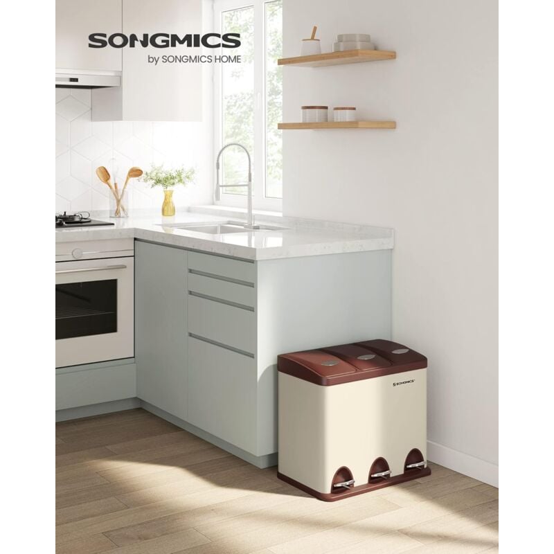 foto del prodotto songmics pattumiera da cucina, pattumiera da 3 x 8 l, piccolo volume, coperchi, pattumiera tripla in acciaio, per piccole famiglie, pedali e
