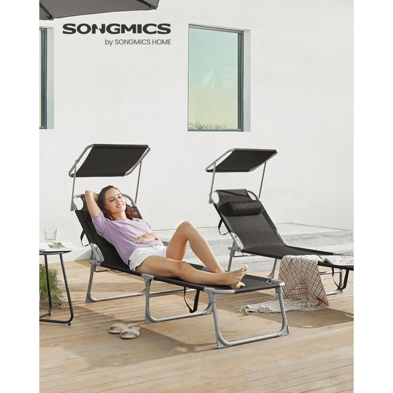 foto del prodotto songmics lettino prendisole, sedia a sdraio pieghevole, 193 x 53 x 29 cm, max portata 150 kg, con poggiatesta parasole e schienale reclinabile, per