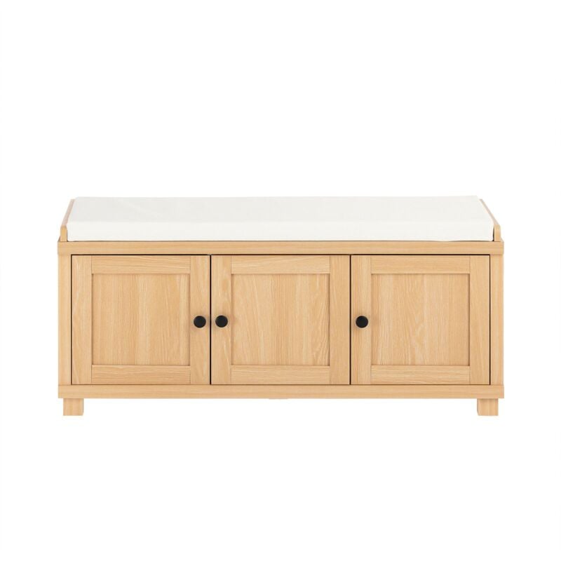 foto del prodotto scarpiera da ingresso con 3 ante, panca contenitore con cuscino, naturale, 104x35x47cm fsr188 n sobuy
